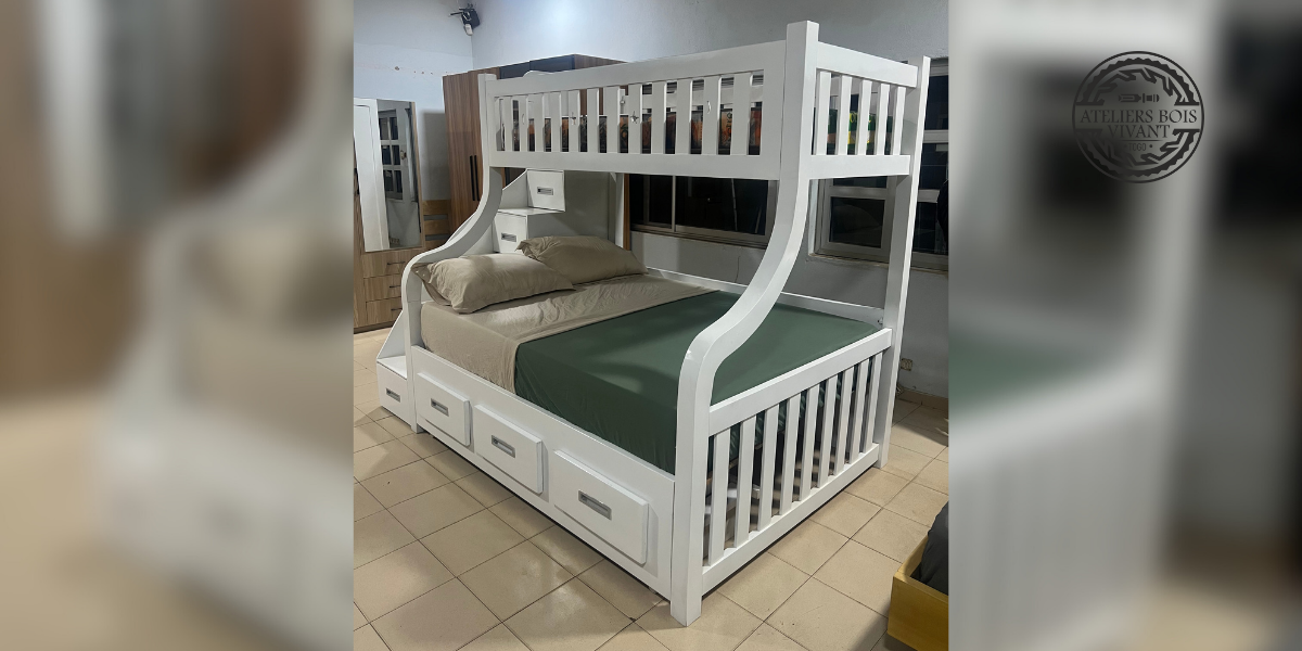 Lit Superposé Premium en Mélina – 2 Places + 1 Place avec Rangements – Ateliers Bois Vivant Ateliers du bois vivant
