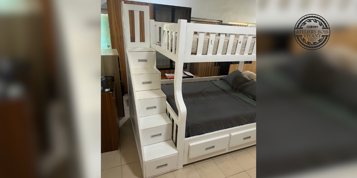 Lit Superposé Premium en Mélina – 2 Places + 1 Place avec Rangements – Ateliers Bois Vivant Ateliers du bois vivant
