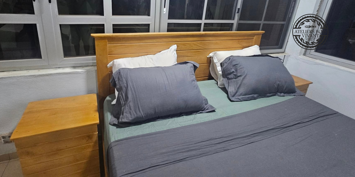 Lit en Mélina Massif Modèle Dona Beija – Élégance Naturelle & Robustesse | Ateliers Bois Vivant Ateliers du bois vivant